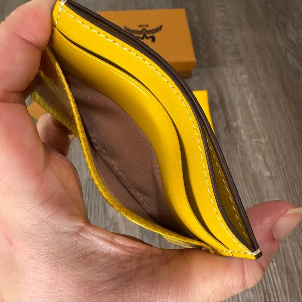 MCM Logo Himmel Lauretos Canvas Card Case Wallet in Lemon Gold